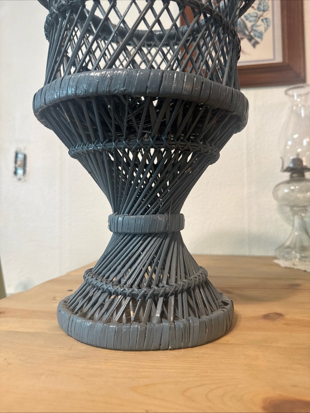 Vintage Mid Century Boho Chic Woven Peacock Wicker Rattan Plant Stand Pedestal